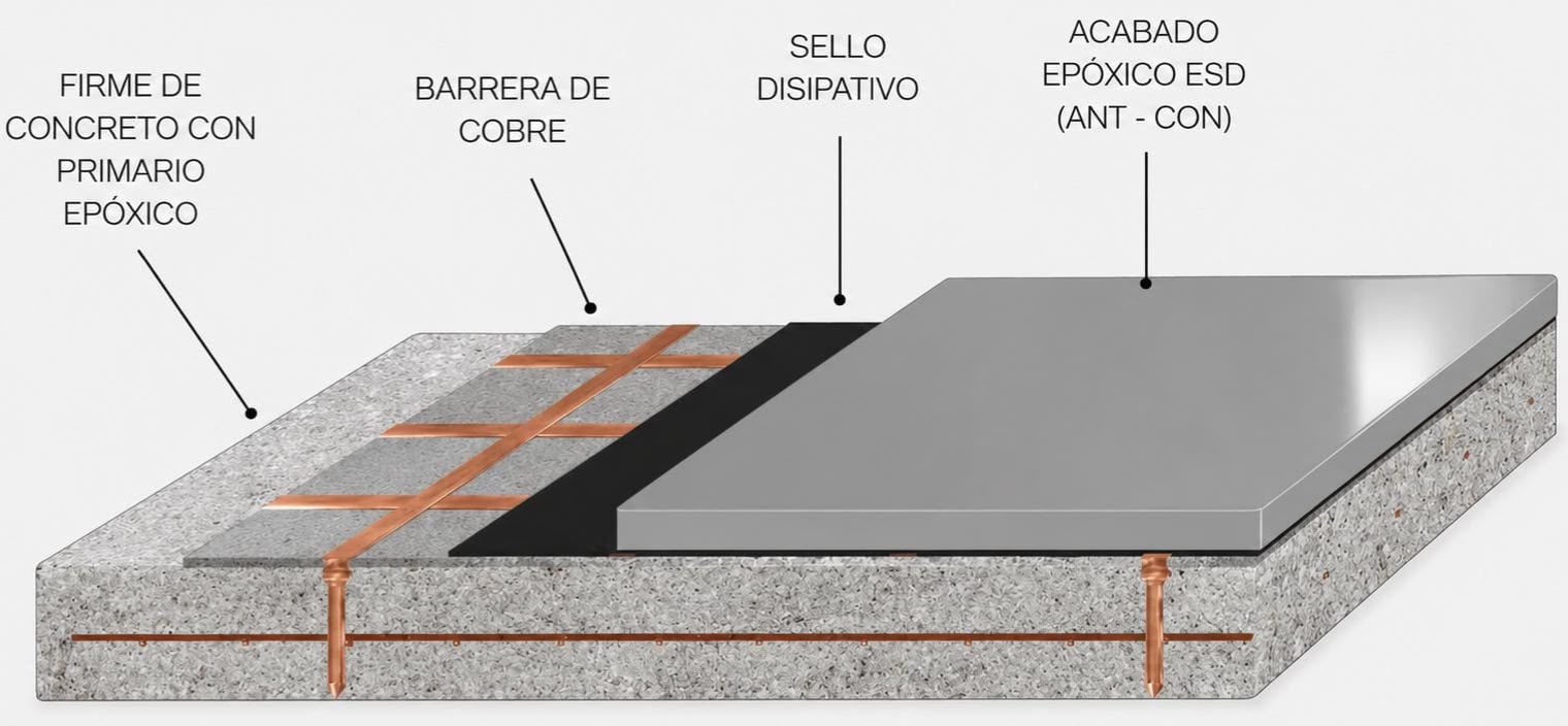 Diagrama de capas del sistema de recubrimiento ESD